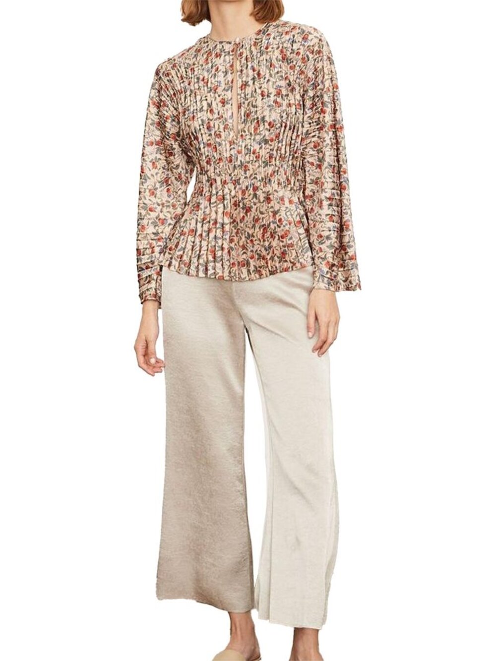 VINCE Pomegranate Pleated V-Neck Blouse Crepe Charmeuse Long Sleeve Women's S